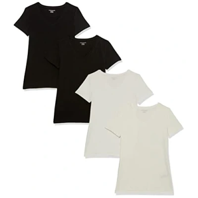 Immagine di Amazon Essentials T Shirt con Scollo a v Maniche Corte vestibilità Classica Donna, Pacco da 4, Nero/Bianco, L