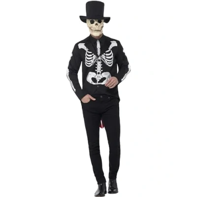 Immagine di SMIFFYS Costume Señor scheletro Giorno dei Morti, Nero, con giacca, camicia finta, cravatta, cappello e maschera in lattice