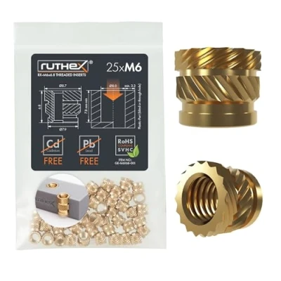 Immagine di ruthex SHORT Set di inserti filettati M6, 25 boccole filettate RX M6x6,8 in ottone, dadi a pressione robusti per parti plastica stampe 3D, utilizzabili tramite calore