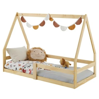 Immagine di IDIMEX letto per bambini TAMI a forma di casa, 70 x 140 cm, naturale, in legno pino con protezione anti caduta, ideale dormire e giocare, pavimento, Montessori