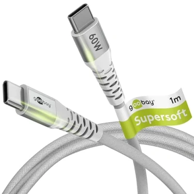 Immagine di goobay 70193 Cavo di ricarica rapida USB C 60W 20V / 1m in tessuto estremamente resistente/Cavo da 480 Mbit/Cavo Samsung C/Cavo bianco