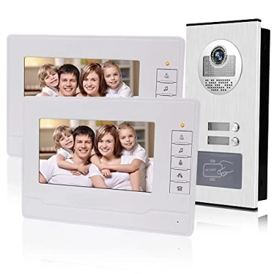 Immagine di KDL Home Video Citofono RFID da 7 Pollici Sistema di Porta Telefonica 2 Monitor con 1 Telecamera Visione Notturna Infrarossi per Multi Appartamenti/Edificio basso portachiavi 125KHz