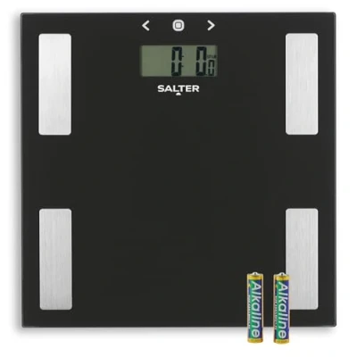 Immagine di Salter 9150 BK3R Bilancia da bagno digitale in vetro per analisi corporea, peso/grasso/acqua/BMI, ultrasottile, 8 utenti, ampio display digitale, step on e lettura istantanea dei valori, nero