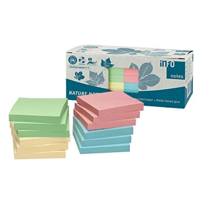 Immagine di Global Notes 5654 88box Memo adesivi Info Nature Recycling 75 x mm, 100 fogli per blocchetto, imballati in scatola di materiale riciclato, giallo/blu/verde/rosa, 12 pz.