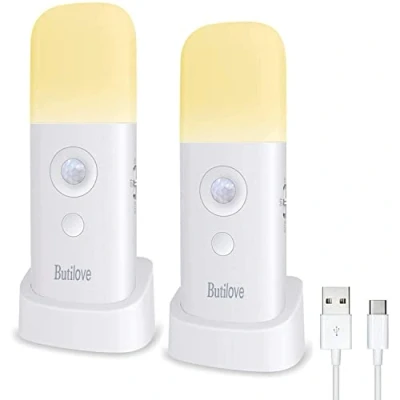 Immagine di Luce Notturna Sensore Movimento(2 pezzi),Luce Bambini a Batteria Ricaricabile Portatile con Cavo USB,Luce Led Auto/On/Off,Adatto Bambini/Neonato,Armadio,Cucina, Scale, Camera da Letto…