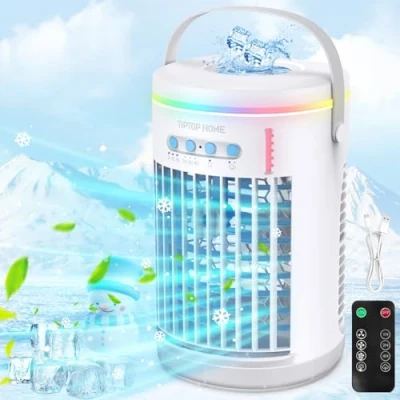 Immagine di condizionatore Portatile, Climatizzatore portatile Silenzioso, 5 in 1 Aria Condizionata Raffrescatore D&#039;aria, senza tubo, 3 Velocità, 2 Modalità di Nebbia, 1400ml