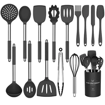 Immagine di Umite Chef Set di utensili da cucina, resistenti al calore, antiaderenti, in silicone, senza BPA, manico acciaio inox, spatola, cucchiaio, frusta, 15 pezzi