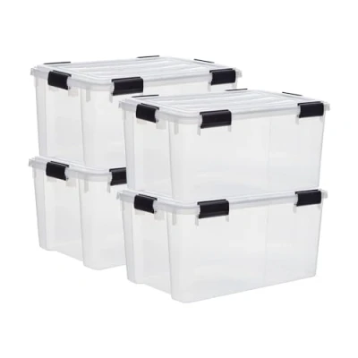 Immagine di Iris Ohyama, Scatole Portaoggetti Ermetiche in Plastica, 50L, Set di 4, Trasparente, Coperchio Impermeabile, con Chiusura, Impilabile, Per Esterni, Garage, Vestiti, Antipolvere, Senza BPA, DDAT L