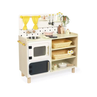 Immagine di Janod Grande Cucina per Bambini in Legno Equipaggiata con 2 fornelli, lavello e 16 Accessori Inclusi Pulsanti sonori rotanti Jouet Imitation et Eveil da Anni, J06642, Multicolore