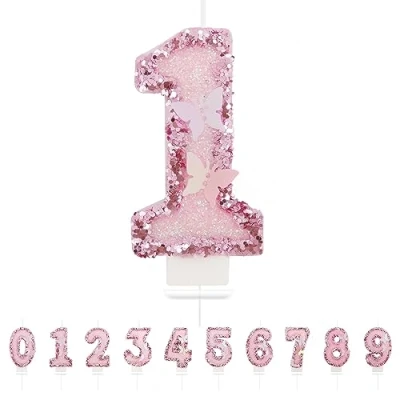 Immagine di candele di compleanno con numeri 1,3D, rosa, 1, decorazione per torte, compleanni, decorazioni
