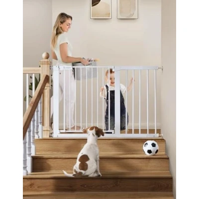 Immagine di COMOMY 75 117cm Cancelletto per Bambini, Cani Porte e Scale, Cancello Sicurezza Bambino, Fissaggio a Pressione, Chiusura Automatica, con Cartello Verde/Rosso, Extra Largo, Bianco