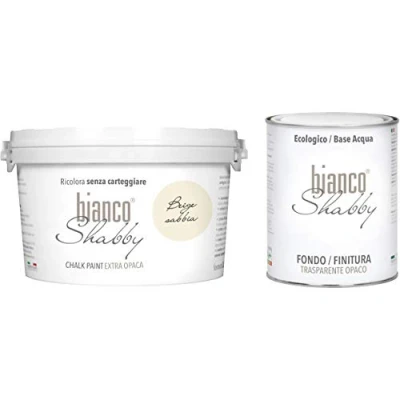 Immagine di CHALK PAINT Beige Sabbia &amp; Finitura Pittura Shabby Chic EXTRA OPACA (2,5 Litri) + Trasparente Opaco (1 Litro)