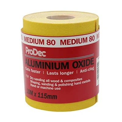 Immagine di ProDec Rotolo da 10 m, grana 80, media, colore giallo, in ossido di alluminio, per levigare legno, vernice, intonaco, stucco, metallo e altro ancora, larghezza 115 mm, compatibile con
