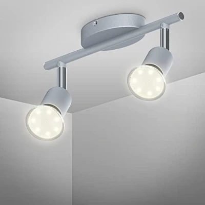 Immagine di B.K. faretto LED da soffitto orientabile, include lampadina GU10 3W 250Lm, luce calda, lampada a muro, plafoniera parete o soffitto, interno, corpo metallo, color titanio, 230V, IP20