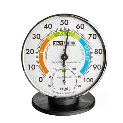 Immagine di TFA Dostmann Termo igrometro di precisione in francese, 45.2033.FR, per il controllo del clima interno, analogico, della temperatura/umidità dell&#039;aria, argento/nero