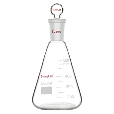 Immagine di stonylab Fiaschetta di Erlenmeyer 24/40 con Tappo, Pallone da 500 ml in Vetro Borosilicato a Parete Pesante Giunto Esterno Conico Standard e Tappo