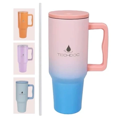 Immagine di TachDoc Tazza da viaggio in acciaio inox con cannuccia e coperchio, 1,18 l, colore: rosa blu sfumato