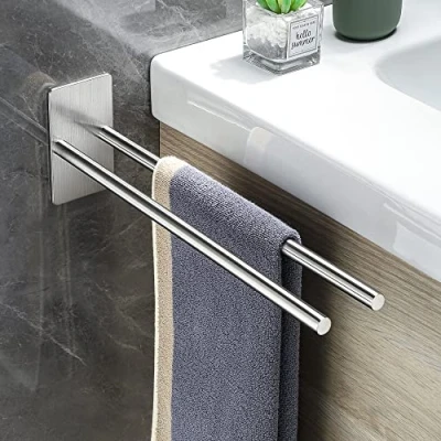 Immagine di Gsocel Portasciugamani a Due Bracci in Acciaio Inox 304 Autoadesivo Porta Asciugamani Doppio Senza Foratura Portasalviette da Parete per Bagno e Cucina Argento 38CM