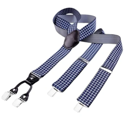 Immagine di DonDon Bretelle da uomo eleganti extra forti 3,5 cm con 4 clip e toppa in pelle marrone bianche blu