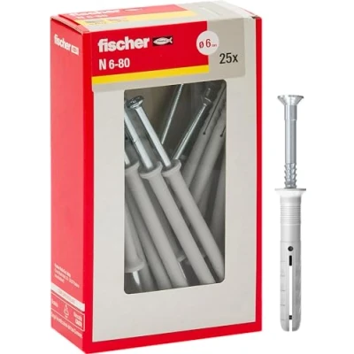 Immagine di Fischer Tasselli Prolungati a Battere N 6 x 80 Y, Fissaggio Percussione con Chiodo Premontato per Pieno, Semipieno e Calcestruzzo, 25 Pezzi Confezione, Grigio, mm