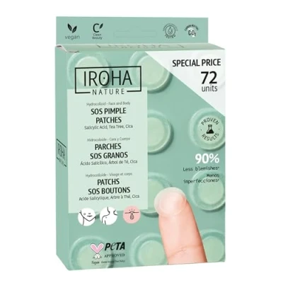 Immagine di Iroha Nature Cerotti SOS brufoli Acido Salicilico, Albero del Tè e Centella Asiatica Riduce i in modo rapido ed efficace Tecnologia Idrocolloide Confezione da 72 pezzi