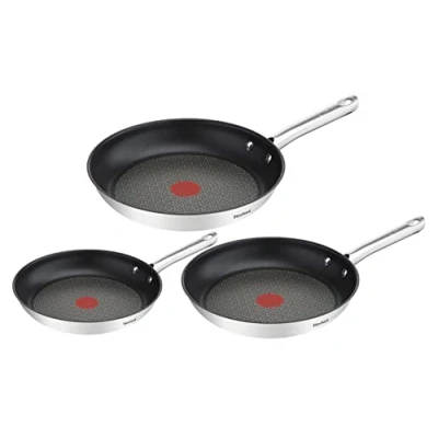 Immagine di Tefal Duetto Set di 3 padelle da 20/24/28 cm in acciaio inox, antiaderenti, base spessa, rinforzata a prova urti, facile pulizia, adatto tutti i tipi cucine