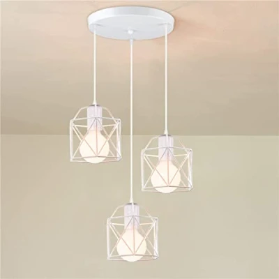 Immagine di iDEGU Lampadario a Sospensione Vintage, 3 Luci Lampade E27 in Metallo Ø15 Gabbia Design Esagono Retrò Lampada da Soffitto per Camera Letto, Cucina, Sala Pranzo (25cm Base, Bianco)