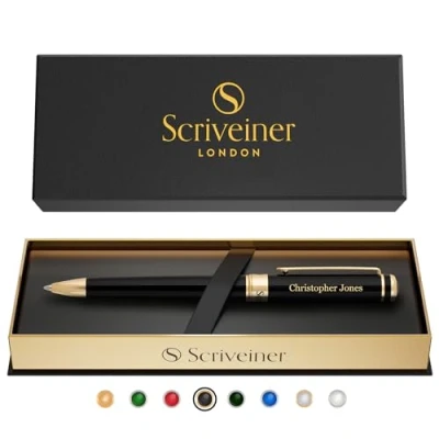 Immagine di Scriveiner Penna a Sfera Nera Personalizzata Elegante di Lusso, Lacca Nera, Finitura in Oro 24K, Ricarica Schmidt, Set Regalo Inciso per Uomo e Donna, Incisione Nome su Misura