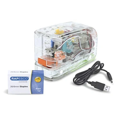 Immagine di Rapesco 1450 626EL Cucitrice Automatica USB/Batteria con 1000 Punti 26/6mm, Capacità 15 Fogli, Trasparente