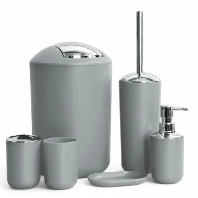 Immagine di GMMH Set di 6 accessori da bagno, con dispenser per sapone, porta saponetta e scopino WC (modello 2, grigio)