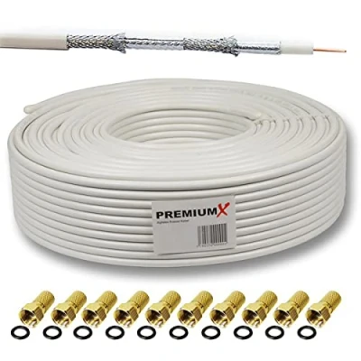 Immagine di PremiumX BASIC Cavo coassiale da 15m Ricezione perfetta con schermatura in alluminio quadrupla 135dB Compatibile DVB S / S2, C, T, BK impianti Inclusi 10 connettori F