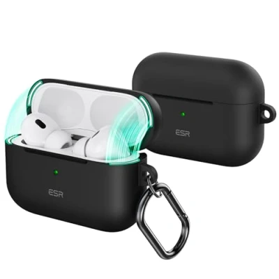 Immagine di ESR Custodia per AirPods Pro (2023/2022/2019), Compatibile con 2a Generazione (USB C/Lightning), Coperchio Magnetico, Protezione completa dalle cadute, Moschettone, Serie Cloud, Nero