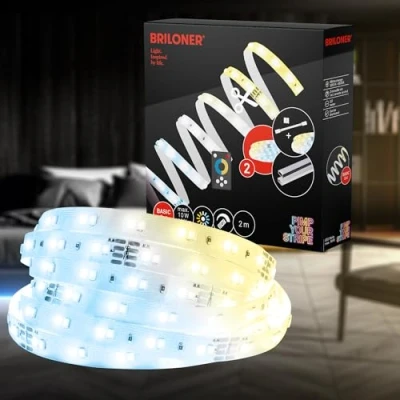Immagine di BRILONER Pimp your Stripe Starter Set Striscia led da 2 m bianco caldo a freddo, telecomando, cavo 3 m, accorciabile, autoadesiva, striscia, gaming, luci led, tv