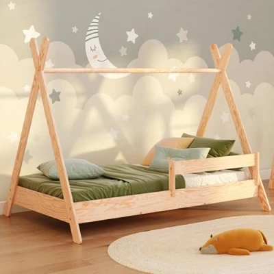 Immagine di smartwood Lettino bambino TIPI 80x160 con rete a doghe e sponda Letto Montessori bambini Casetta per ragazzi ragazze Singolo in compensato di pino 160x80 Legno naturale