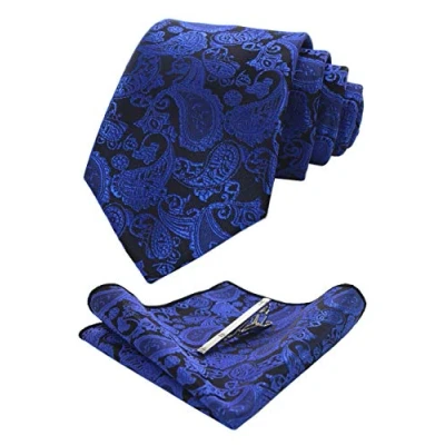 Immagine di JEMYGINS Cravatta Uomo Blu2 in Seta Paisley Design Diversi Colori cena di gala con Fazzoletto e Fermacravatta