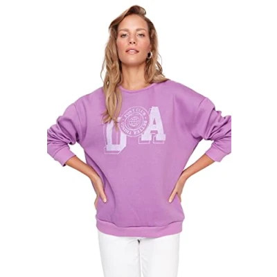 Immagine di Trendyol Felpa Regular Girocollo con Slogan Maglia di Tuta, Viola, XS Donna