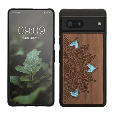 Immagine di kwmobile Custodia Compatibile con Google Pixel 7 Cover Back Case in Legno Bumper Silicone TPU Sole Mandala Madreperla marrone scuro