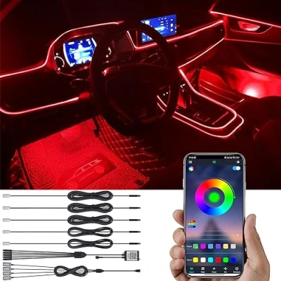 Immagine di TABEN Kit Luce Atmosfera Auto Sincronizzazione Musicale RGB Multicolore 16 Milioni di Colori 6 Metri Fibra Ottica USB Ambientale vano Piedi, Suono Attivo e Controllo App Bluetooth CC 12V