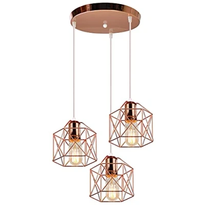 Immagine di iDEGU Lampadario a Sospensione Vintage, 3 Luci Lampade E27 in Metallo Ø15 Gabbia Design Esagono Retrò Lampada da Soffitto per Camera Letto Cucina Sala Pranzo (25cm Base, Oro Rosa)