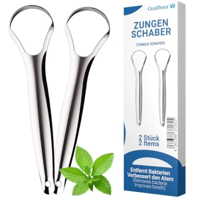Immagine di Set di 2 raschietti per lingua in acciaio inox chirurgico al 100%, pulitore adulti e bambini, riduzione dell&#039;alitosi, migliora l&#039;igiene orale, con sigillo igienico