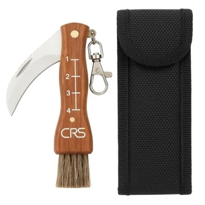 Immagine di CRS Coltello per Funghi Coltellino a Serramanico Raccogliere e Tartufi con Manico in Legno, Lama Retrattile Affilata, Pennello, Righello Moschettone Acciaio Inox da 5,6 cm