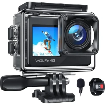 Immagine di Action Camera 4K 30FPS GA120,WOLFANG Dual Color Screen Cam,20MP WIFI,Grandangolo 170,Subacquea 40M Impermeabile Videocamera,Microfono Esterno, Telecomando,2 Batteries e Accessori