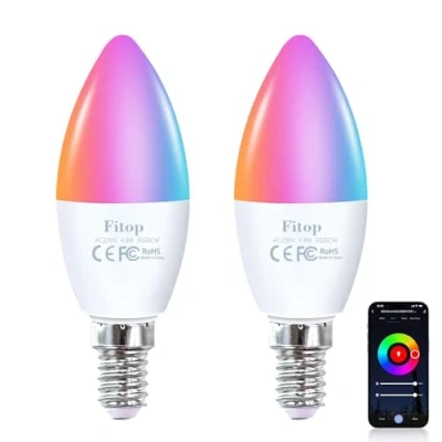 Immagine di Fitop Lampadine intelligenti Alexa, E14 Wlan LED Lampadina Dimmerabile 4.9W 470Lm+RGB 16 Milioni di Colori, Controllo APP Compatibile con Alexa/Google Home, Vocale, 2 Pezzi