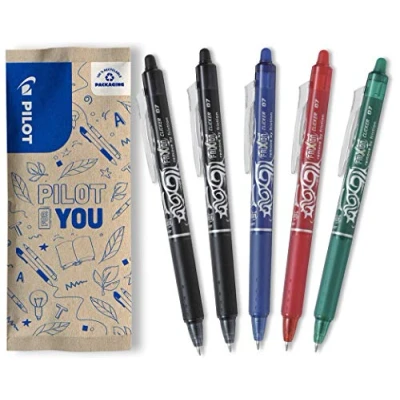 Immagine di PILOT Frixion Penna a sfera cancellabile, retrattile, punta 0,7 mm, 2 nero, 1 rosso, verde, blu, confezione da 5