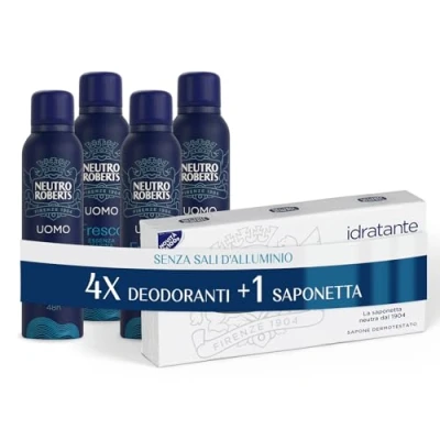Immagine di Neutro Roberts Deodorante Spray Uomo Essenza Marina, Con antiodore, Zero Sali di Alluminio, Macchie, Puro Olio Glicerina, Dermatologicamente testato, 48h 4 Pezzi da 150 ml