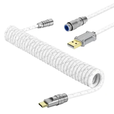 Immagine di MAMBASNAKE C05 Cavo USB C a Spirale per Tastiera da Gioco, Nylon Braided, to C, Meccanica Doppia Manica, Connettore Aviazione Metallo CNC Staccabile, 4.92ft Bianco