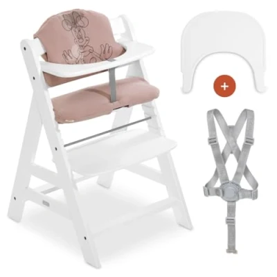 Immagine di hauck Seggiolone AlphaPlus Con Vassoio Sistema a Click, Cuscino e Cinture Sicurezza 5 Punti Legno da 6 mesi Fino 90kg, Regolabile (Bianco, Minnie Rosa)