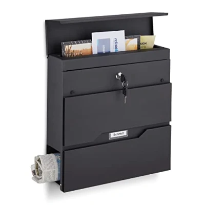 Immagine di Relaxdays Cassetta della Posta con Scomparto Portagiornali, HLP 37 x 11 cm, 2 Chiavi, in Acciaio, Moderna, Nero