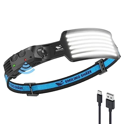 Immagine di Smiling Shark Torcia Frontale, Headlamp 230Angolo Ampio 6*Strisce Luce Luminose Bianche Brillante Ricaricabile Faro Impermeabile Campeggio Outdoor, Lampada LED Camping