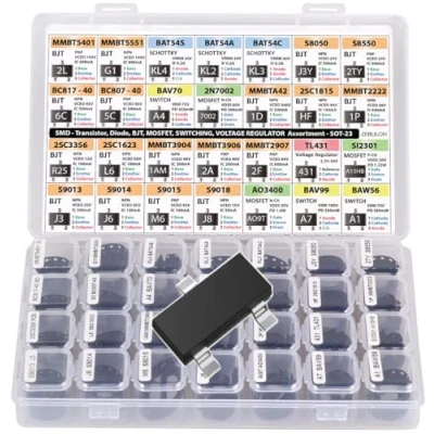 Immagine di SMT Assortimento di componenti elettronici, transistor, BJT, MOSFET, diodi, Schottky, convertitore tensione, SOT 23, 28 tipi, 1400 pezzi